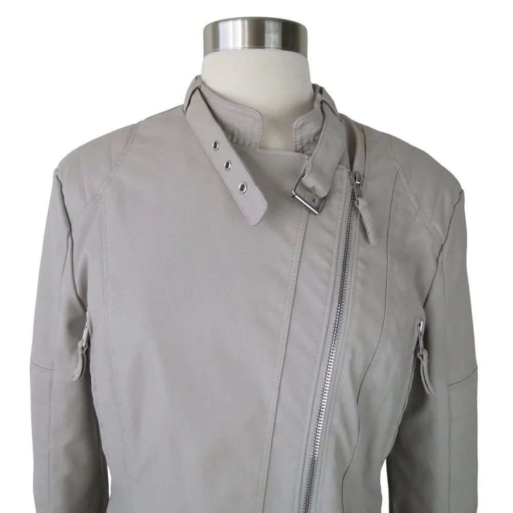 BLANKNYC Women's Tan Faux Leather Asymmetrical Moto Jacket S Vegan Quilted Tucks